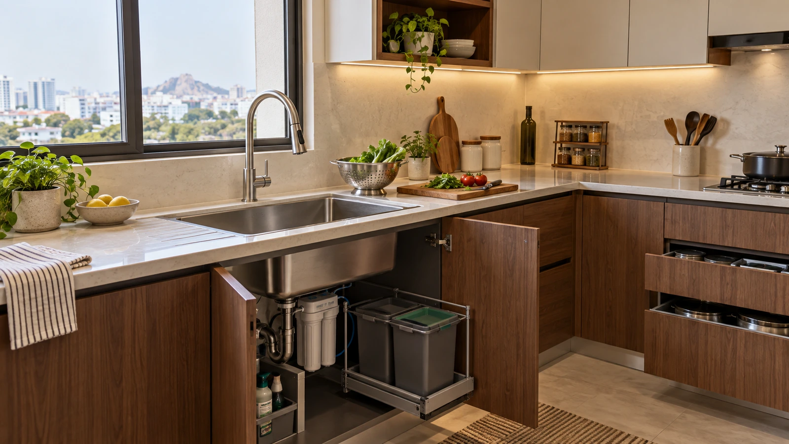 Deep stainless-steel sink with coordinated plumbing and storage in a warm modular kitchen