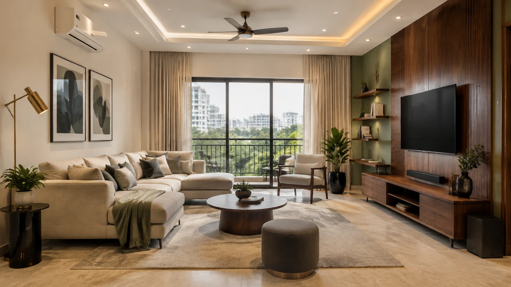 Modern Hyderabad living room with warm neutral, sage green and walnut interior colour combination